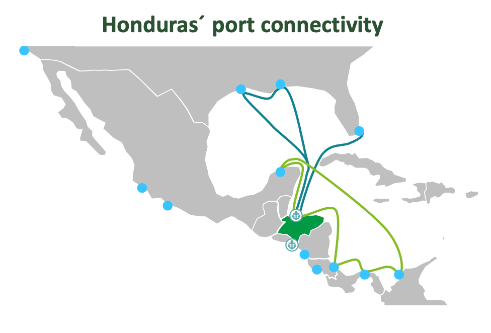 Mapa de conectividad portuaria de Honduras.