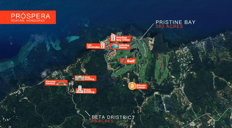 Mapa que muestra la ubicación estratégica de Próspera en Roatán, Honduras con diversas áreas de desarrollo y atractivos