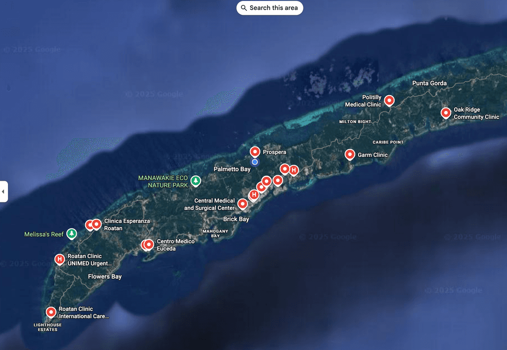 Google Maps view showing various medical clinics on Roatan island, including Caribbean Medical Care, Central Medical and Surgical Center, Garm Clinic, and other healthcare facilities spread across the island.
